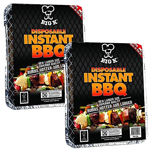 Big K Disposable Instant BBQ Tray - Pack of 2 All In One Barbecue Instant Light Charcoal Grill Trays with Topline Card. Ideal for Garden BBQs Camping Outdoor Parties and Picnics.