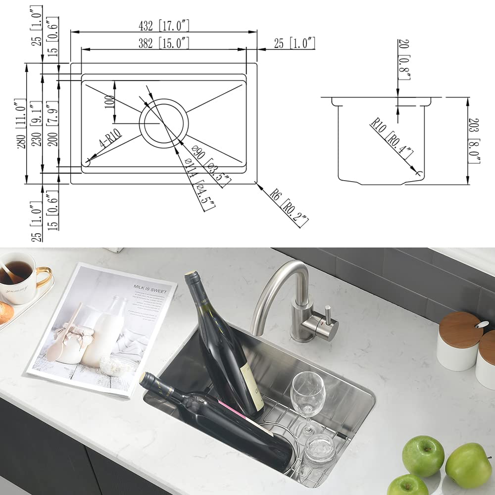 17 Inch Stainless Steel Bar Sink Undermount-VASOYO 17"x11" Wet Bar Prep Sink Stainless Steel Undermount Kitchen Sink 16 Gauge Single Bowl Small Bar Sink RV Sink Outdoor Kitchen Sink with Bottom Grid