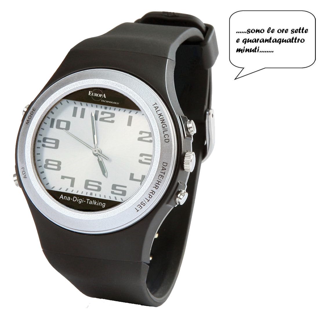 Reloj parlante Talking de hombre para ciegos, ancianos, personas con discapacidad visual o ciega. Anuncio de voz en italiano con alarma y calendario. Visualización analógica y/o