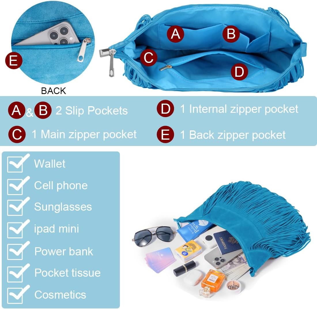 Sunwel Fashion Women Fringe Hobo Bag Western Purse Shoulder Bag Vegan Suede Tassel Hippie Crossbody Bag - Image 3