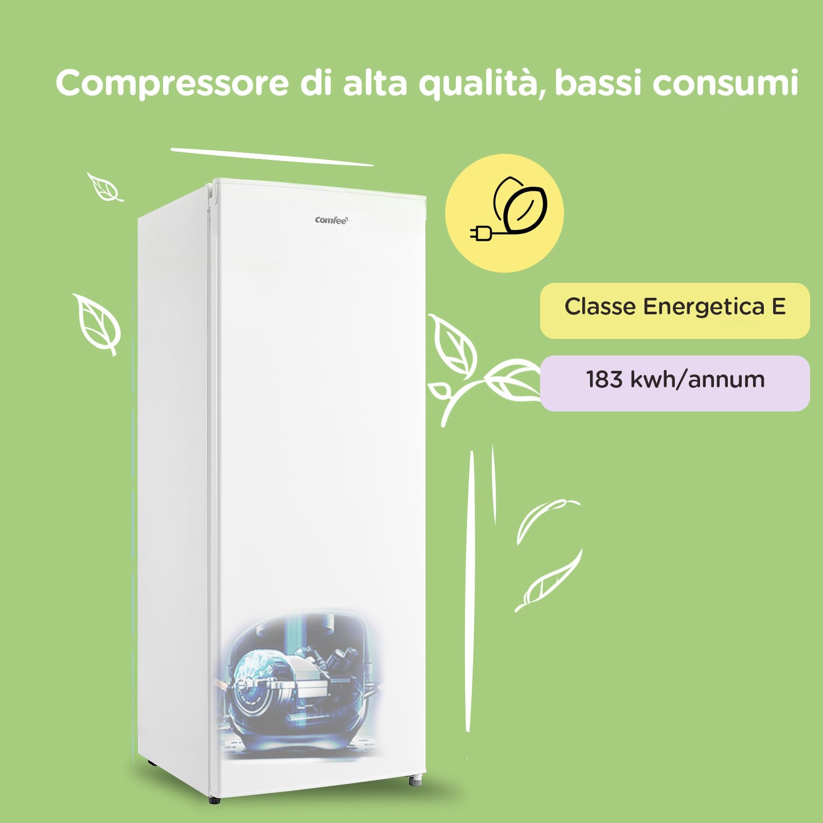 COMFEE' RCU160WH2(E) 160L Congelatore monoporta verticale e 5 Cassetti, 4 Stelle, -24° Gradi, Controllo Della Temperatura, Compressore GMCC di Alta Qualità, Cerniere Della Porta Sostituibili, Bianco