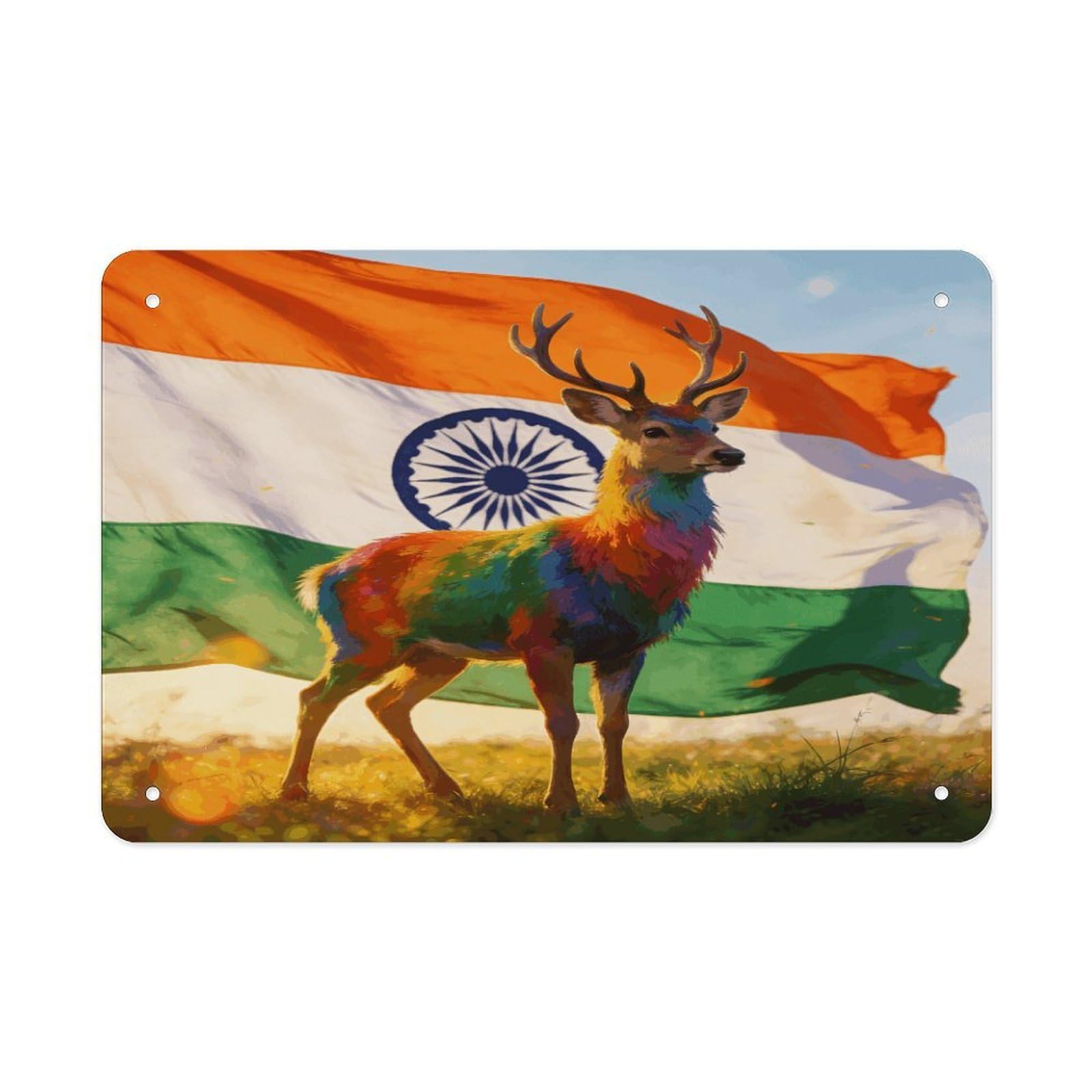 Khauerbc Style Colorful Deer And National Flag Tin Sign Iron Sheet Painting Unframed 11.8X7.9 Inch Metal Poster Wall Decor Iron Painting Wall Prints For Living Room Bedroom Office Home Decor