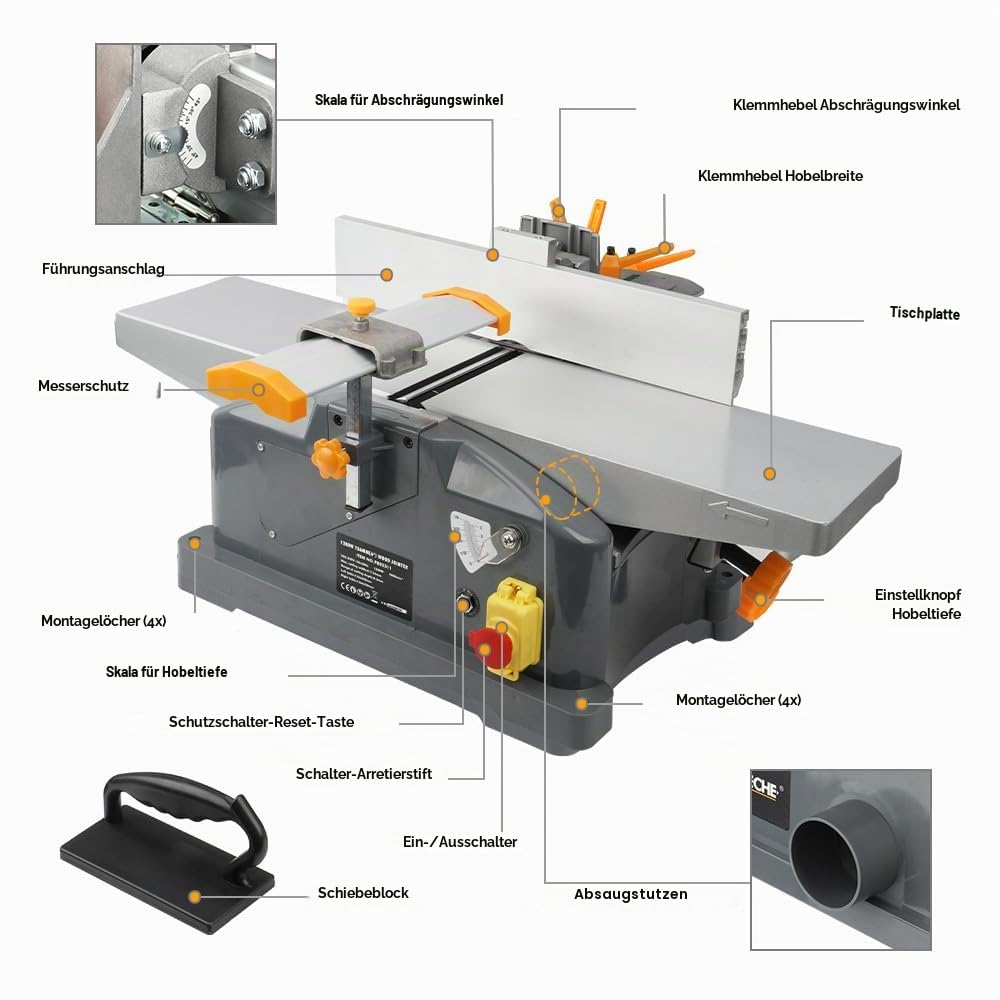 Hoteche Holzwerkzeuge Hobelmaschine Dickenhobelmaschine 1280W Kupfermotor 9000rpm maximale Schnittbreite 156mm Schnittstärke 0-3mm inklusive notwendigem Zubehör 156x340mm 156x330mm Arbeitsplatte