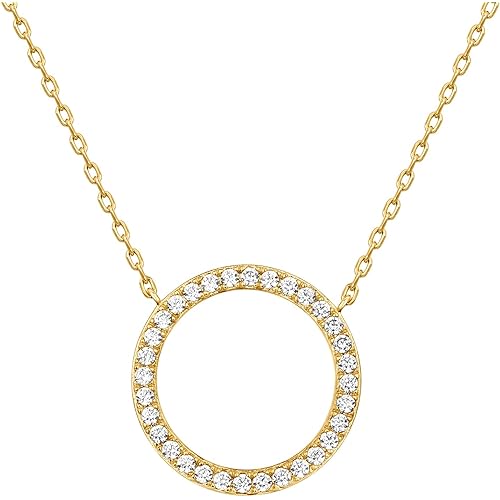 PAVOI 14K Gold Plated Circle CZ Solitaire Necklace | Elegant Bezel Pendant | Dainty Cubic Zirconia Halo Choker Necklaces for Women