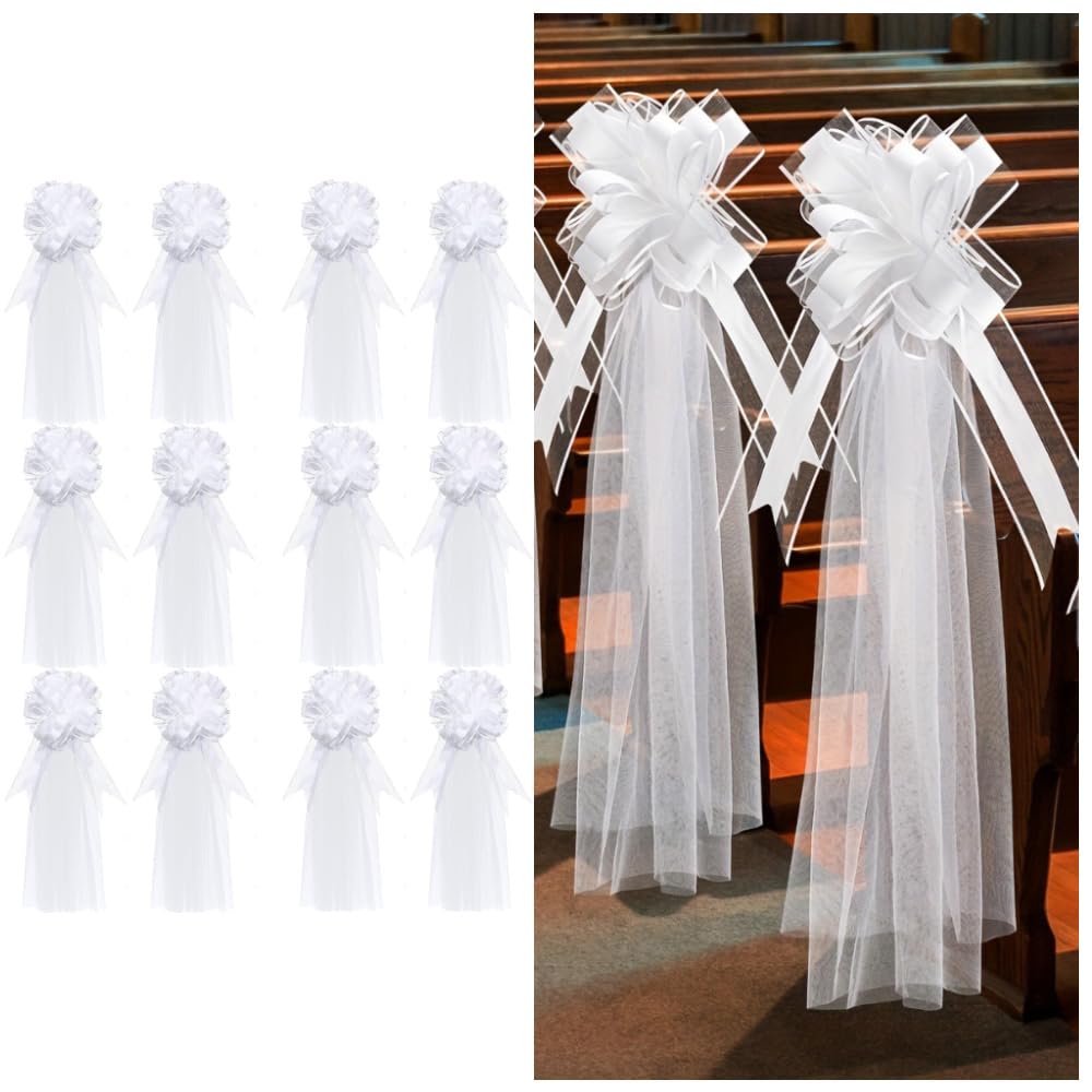 12er-Set Hochzeitsschleifen mit Tüllschwänzen Weiß Lange Stuhlschleifen Tüll Hochzeitsgang Dekorationen Kirchenbänke Geschenkschleife Hochzeitsdeko Autoschleifen Große Schleife für Brautparty