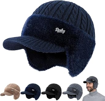 Cold Trapper Hat Ear Protection Knitted Hat Mens Winter Hats with Brim and Ear Flaps Cozy Head Beanie Stocking Cap