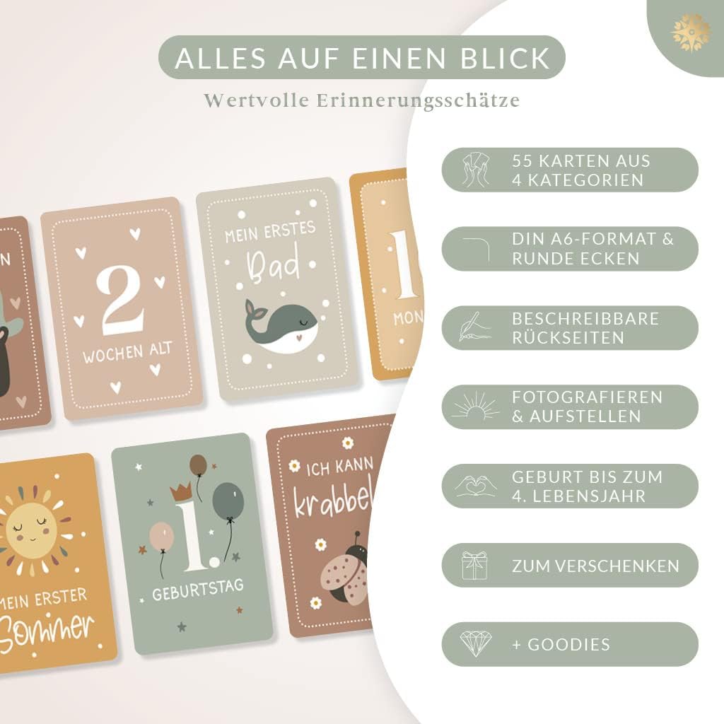 Lebenskompass Geschenk Set für Babys - Babyalbum "PURE" + Meilensteinkarten inkl. Kartenständer aus Holz + Baby Sticker Set zum verschenken zur Babyparty - liebevoll gestaltetes Erinnerungsalbum