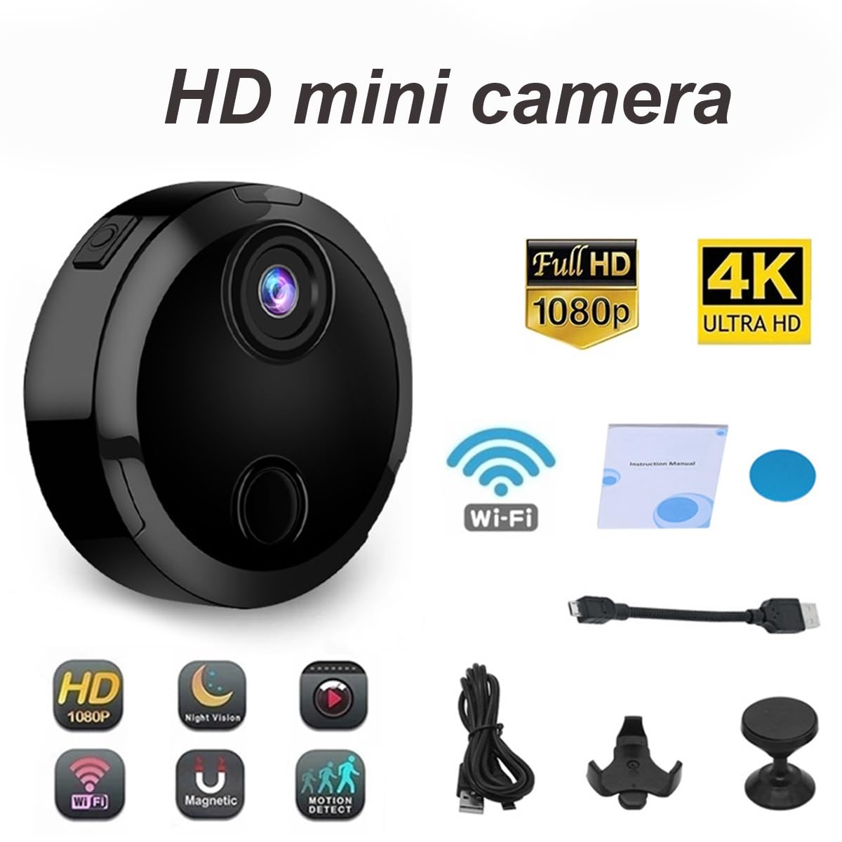 Mini ukryta kamera, wewnętrzne zewnętrzne bezprzewodowe kamery WiFi, mikrokamera z wykrywaniem ruchu i lampami noktowizyjnymi, kamera HD 1080p z nagrywaniem w pętli