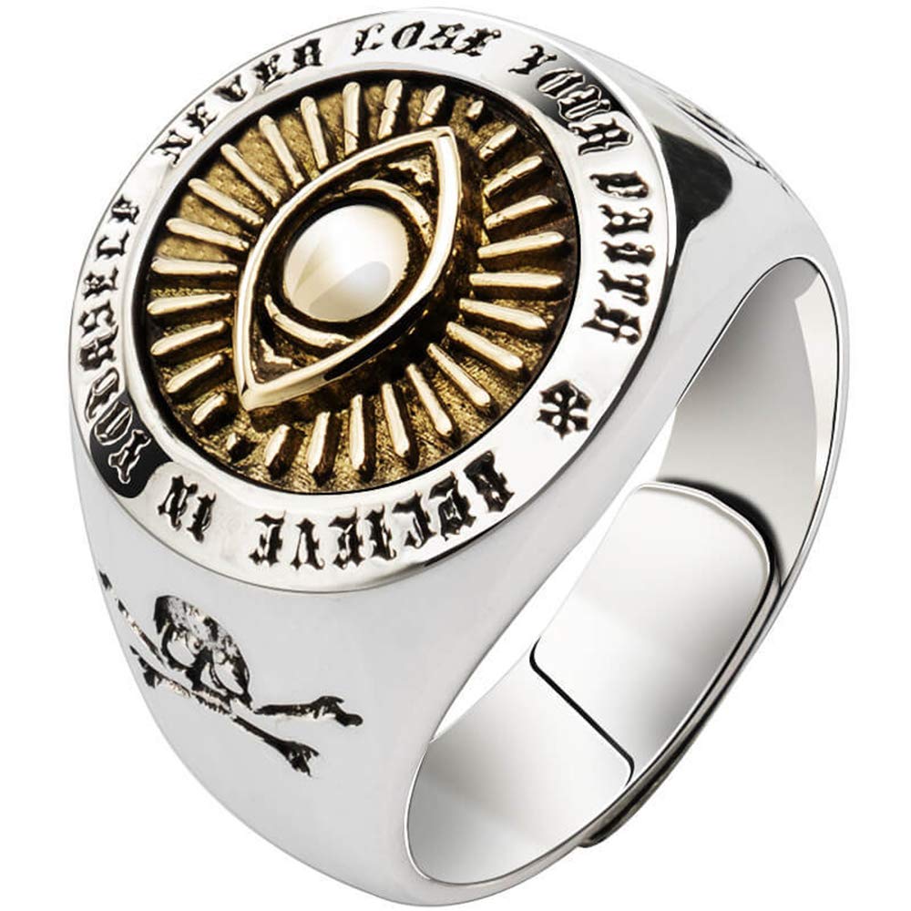 ForFox Anillo ojo de dios que todo lo ve masónico de plata de ley 925 con calavera y tibias cruzadas para hombres mujeres abierto y ajustable