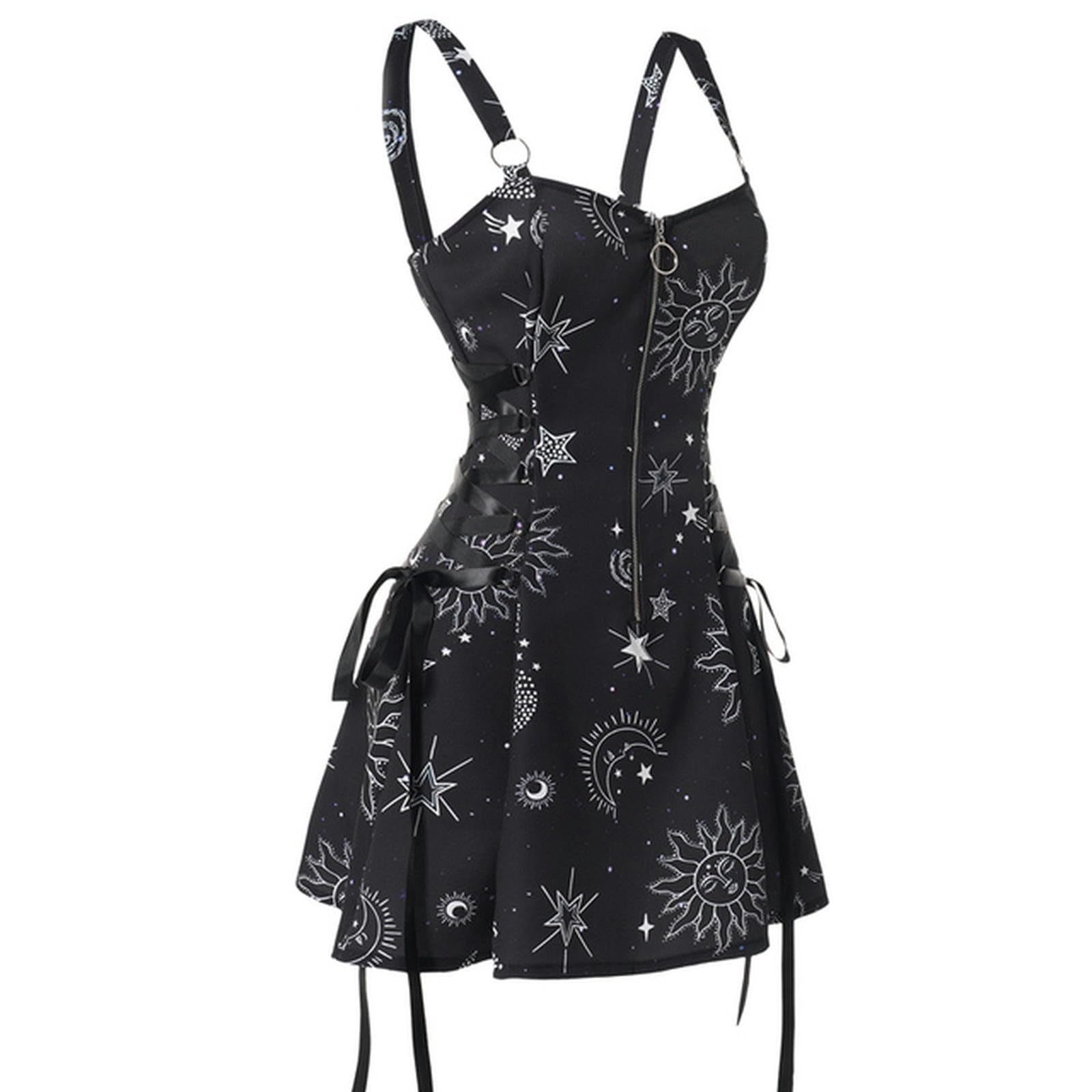 Mini Robe à Lacets imprimé Soleil céleste et Lune, débardeur Gothique d'été à col carré pour Femmes, Noir 9801-XL