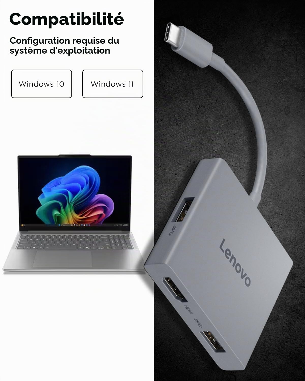 Lenovo Lenovo Hub de Voyage USB-C 4 en 1 avec câble intégré, 1 HDMI 4K @ 60 Hz, 2 Ports USB-A 3.2, 1 Combo de 3,5 mm, Portable, Compact, Haute Vitesse pour Ordinateurs Portables PC - Gris