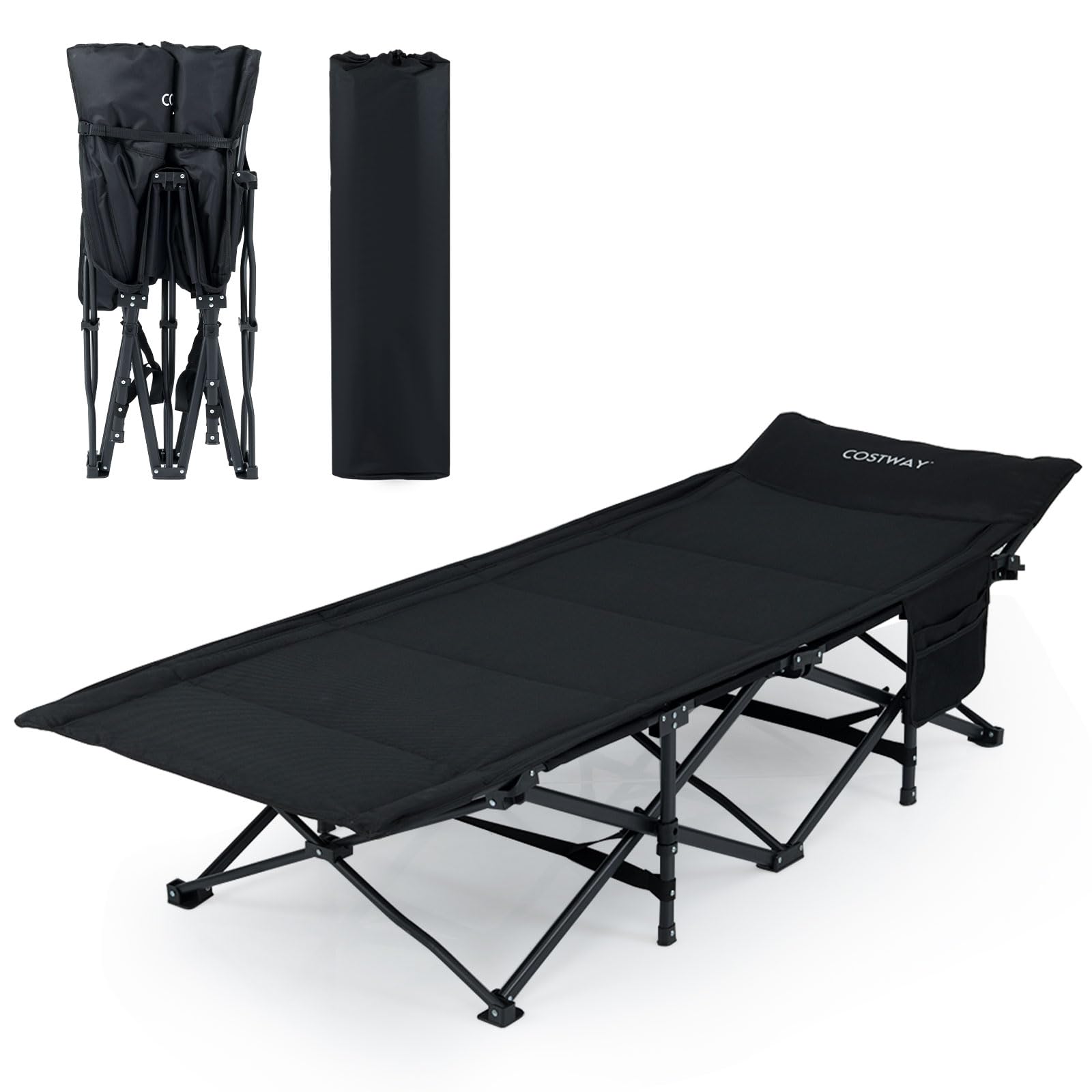COSTWAY Folding Camping Bed for Adults, Extra Wide Portable Sleeping Cot with Headrest, Side Pocket & Carry Bag, Heavy Duty Lounger Camp Bed for Travel Beach Office (189 x 69 x 48 cm, Black)