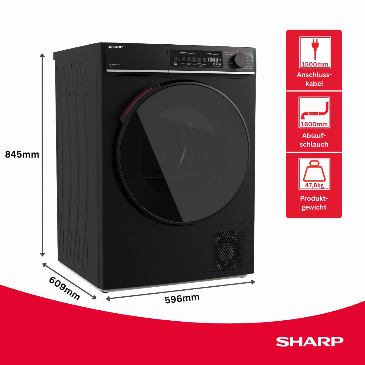 SHARP KD-WNHB0S9GMC-DE Wärmepumpentrockner (10 kg, EEK C), (15 Trockenprogramme, 20 Min. Kurzprogramm, WiFi, Edelstahltrommel mit LED-Beleuchtung), Mattschwarz