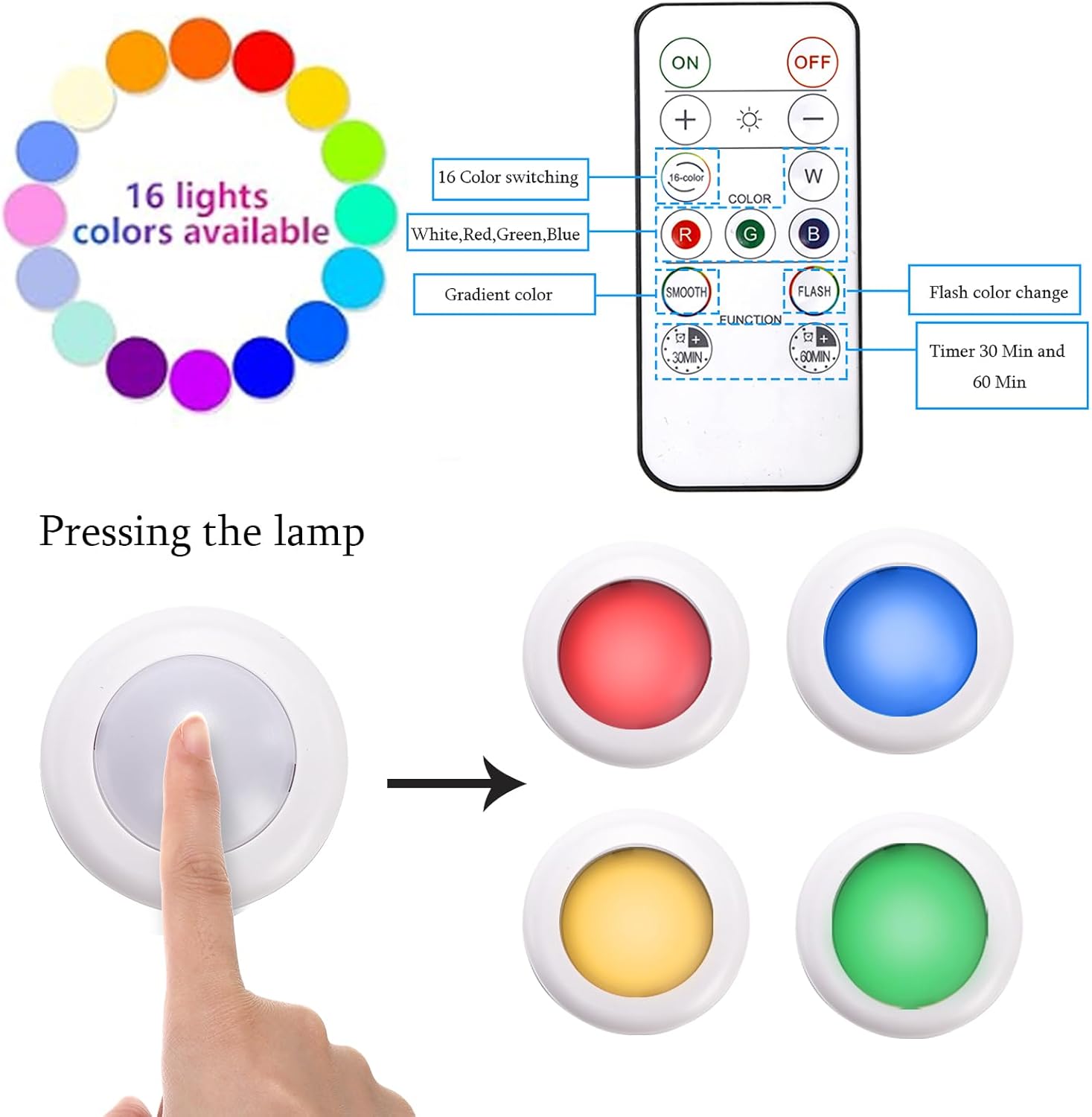 Hbaushun LED Puck Lights 12 Pack,16 Color Changeable Wireless LED Cabinet Lights,Battery Operated Night Light with Dimmer & Timmer for Bedroom,Closet, Kitchen,White