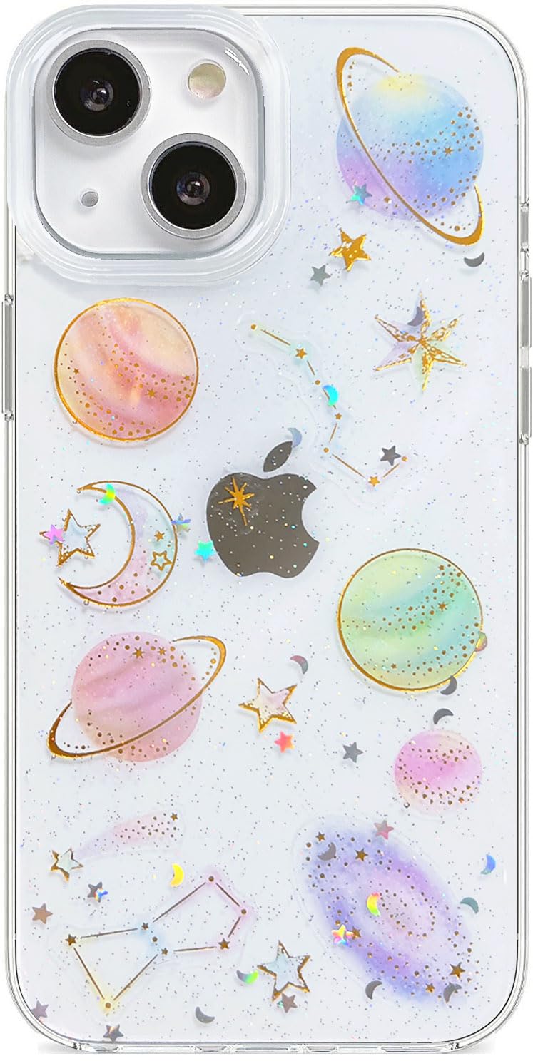 Abbery for iPhone 13/14/15 Case Clear Cute with Planet Design Bling Glitter Twinkle Sparkle Stars Moon Space Theme Soft TPU Aesthetic Shockproof Slim