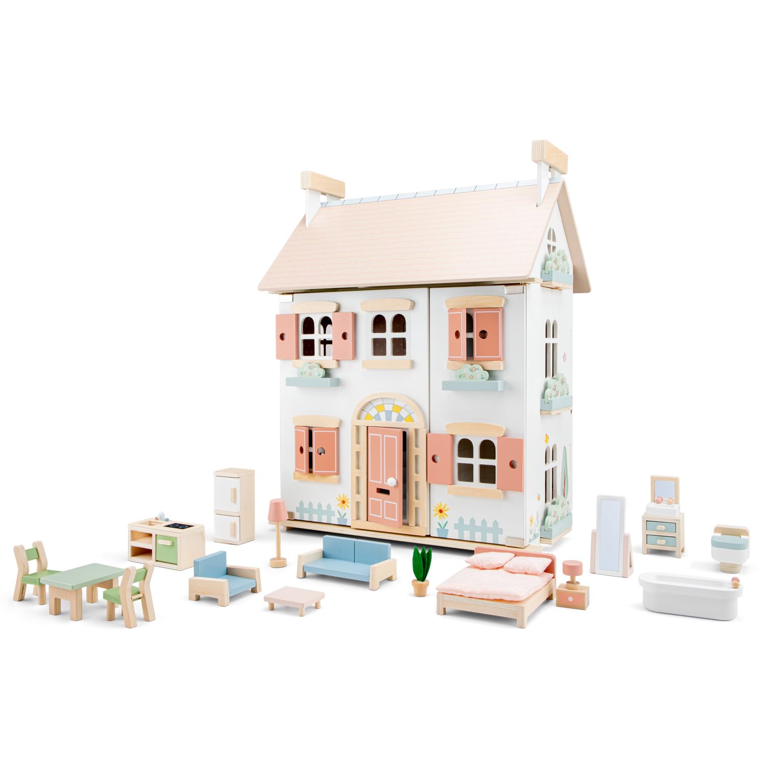 Woet® Wooden Dollhouse for Kids Age 3+ – Large Pretend Play House with 20-piece Furniture, Garden – Open-Ended Educational Toy – Role Play Doll House Gift for Boys and Girls