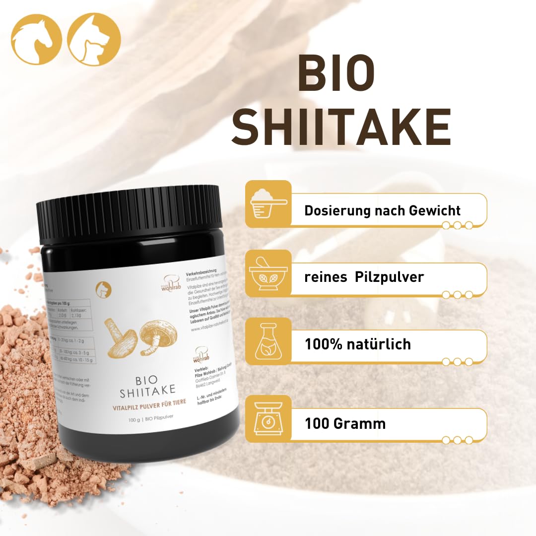 Bio Shiitake Pulver für Tiere - 100 g Dose - Reines Shitake Pilze Pulver - Pilzpulver in höchster Bio-Qualität - Vitalpilze