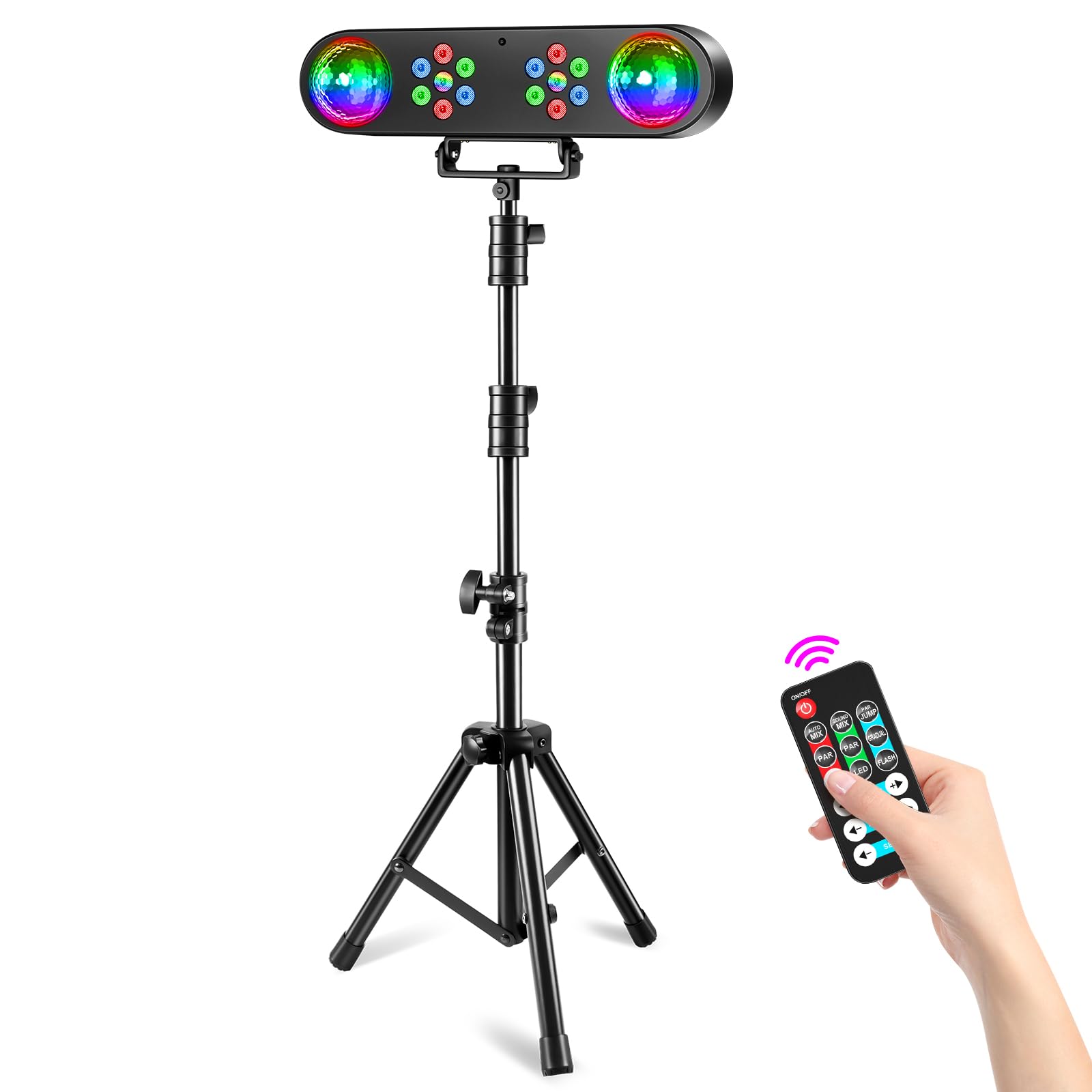 Luci DJ con supporto, set luci bar 5 in 1 per feste con sfera rotante, strobo, UV, luce par LED colorata e motivo, sistema di illuminazione DJ attivato dal suono per discoteche, concerti, band,
