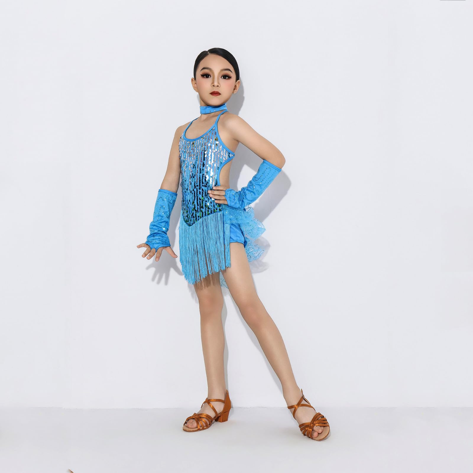 Vestito Latino Americano Bambina Abito da Ballo con Paillettes e Frange Body con Gonna Set con Manicotti e Collana Costume di Danza per Gara Spettacolo Vestiti Ballerine per Latino Cha Cha
