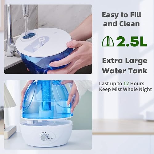Miniatura 2 de Humidificadores ultrasónicos de 2.5 L para dormitorio, silencioso, duran hasta 24 horas, boquilla de rotación de 360, humidificador de humedad para
