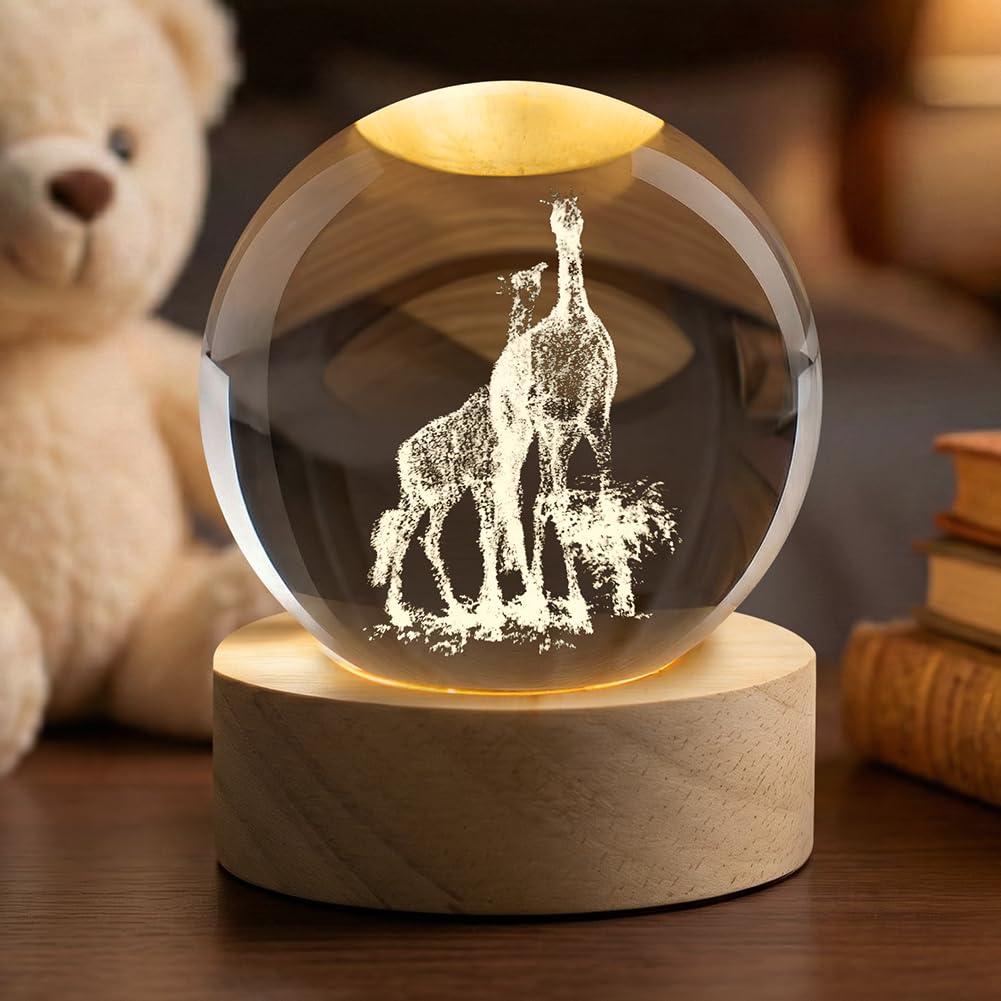 AOOTE Giraffe Crystal Ball, 3D Crystal Ball, Decor Glass Ball Wooden Base with Light, USB Interface with Power Switch, Crystal Ball Ornaments for Home Decor, Tabletop, Birthday Gift, Anniversary