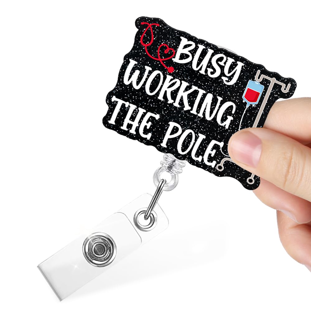Juoqg Busy Working The Pole Funny Glitter Retractable Badge Reels with Alligator Clip for Night Shift Nurse Doctor, ER Nurse Gifts, Paramedic Gifts