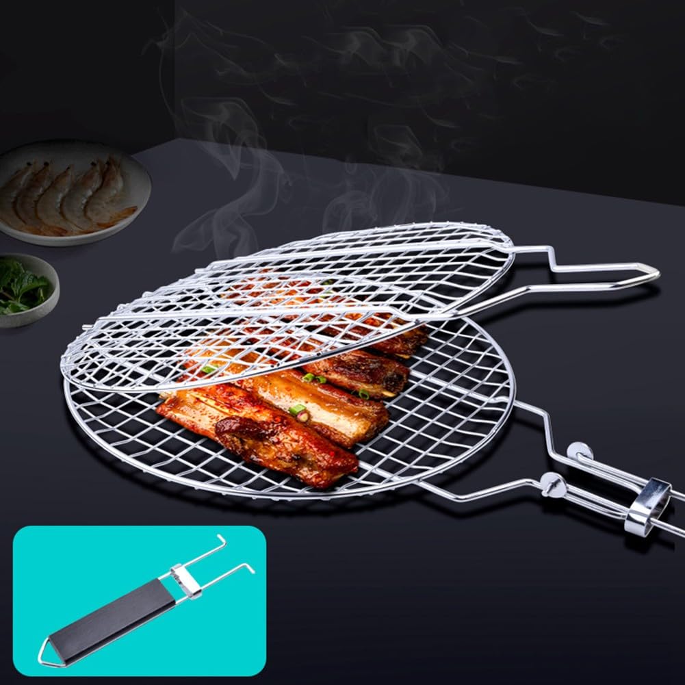 EasyByMall Grillkorb aus Edelstahl mit Holzgriff für Pfannenwender, 55 x 28 cm, Grillnetz zum einfachen Wenden von Fleisch und Gemüse, Silber