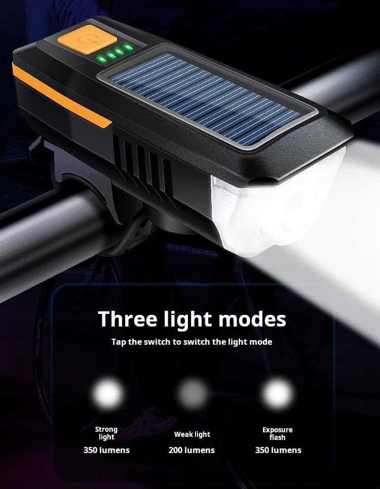 Miniatura 5 de Multifuncional alimentado por energía solar y recargable por USB para bicicleta de montaña Ciclismo nocturno de alto brillo luz delantera de