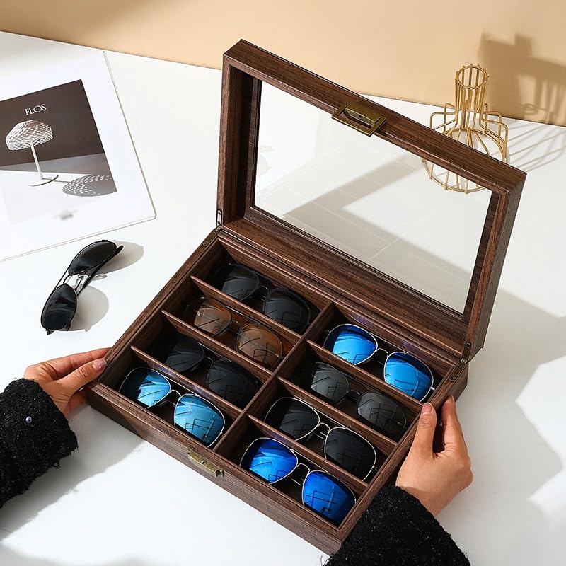 ENGENDER Estuche Para Gafas Caja de almacenamiento gafas sol 8 rejillas cuero con veta madera retro, gran capacidad, ideal for viajes y familias