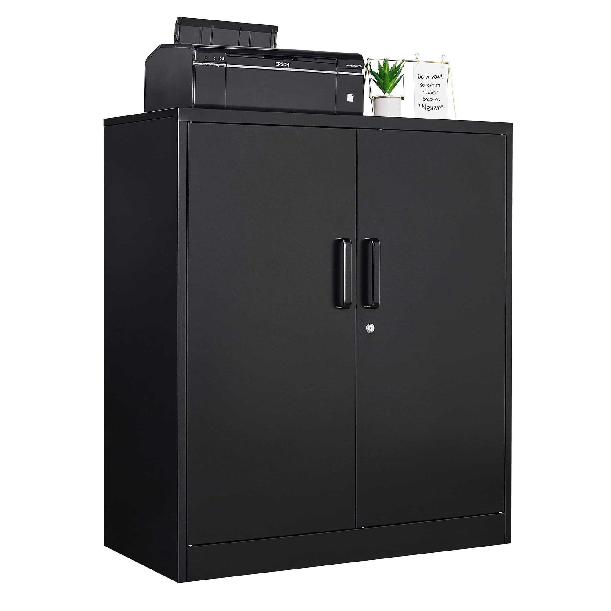 STANI Metal Storage Cabinet with 2 Adjustable Shelves, Steel Counter Cabinet with Lockable Doors for Home Office (Black)