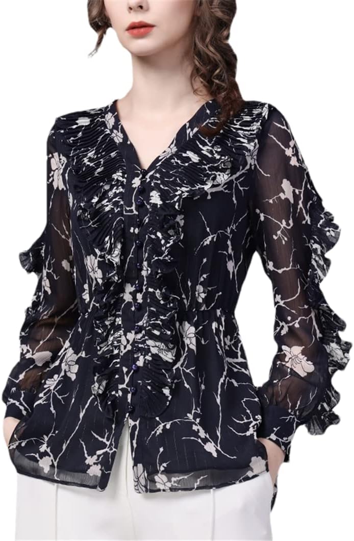 Disimlarl Ruffle Top Chiffon Printed Blouse Women Long Sleeve V-Neck Elastic Waist Blue Floral Shirts