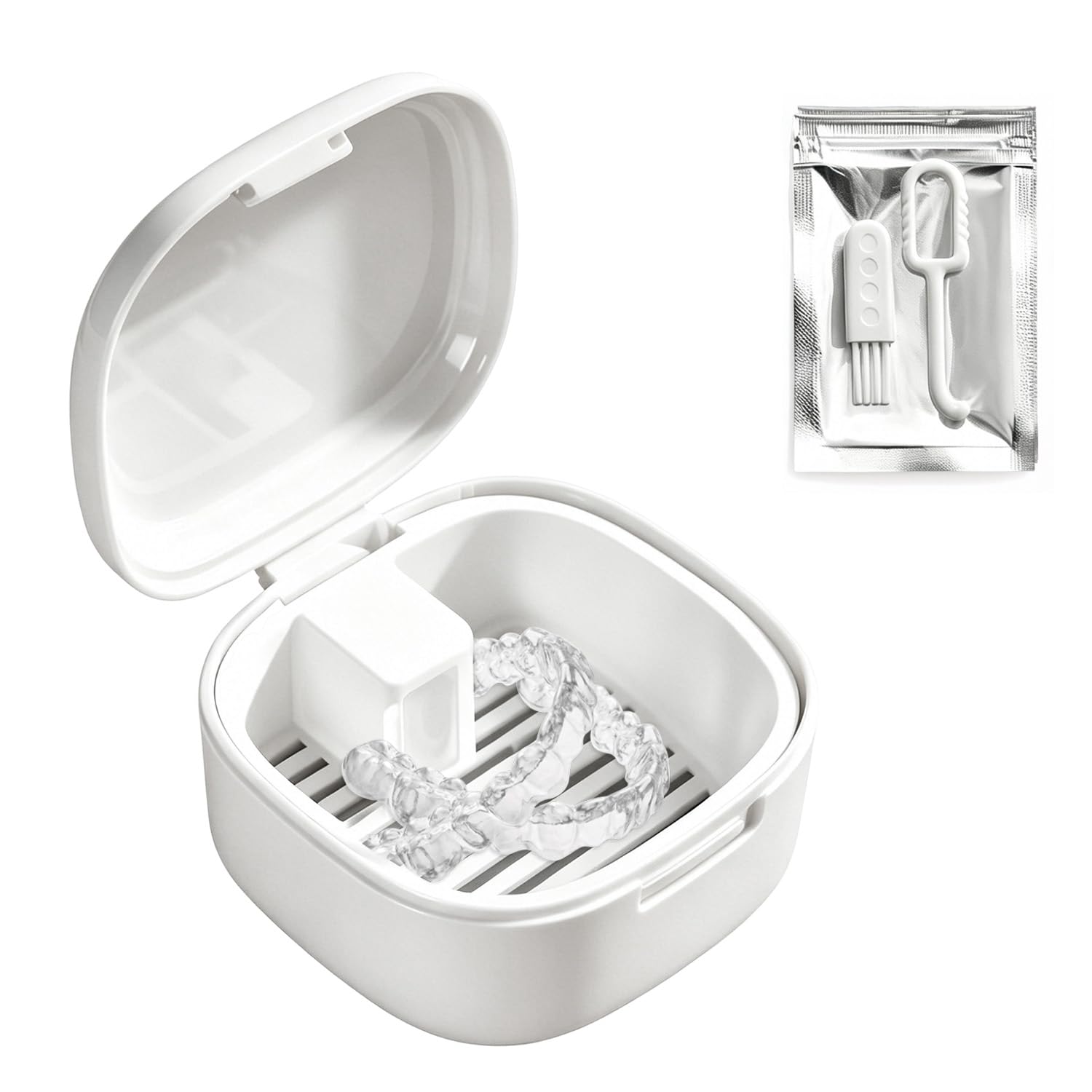 Retainer Case with Removal Tool Portable Denture Box Slim Mouth Guard Storage Case Clear Aligner Holder and Denture Bath Cup for Retainers Mouth Guards and Dental Appliances White-image-29