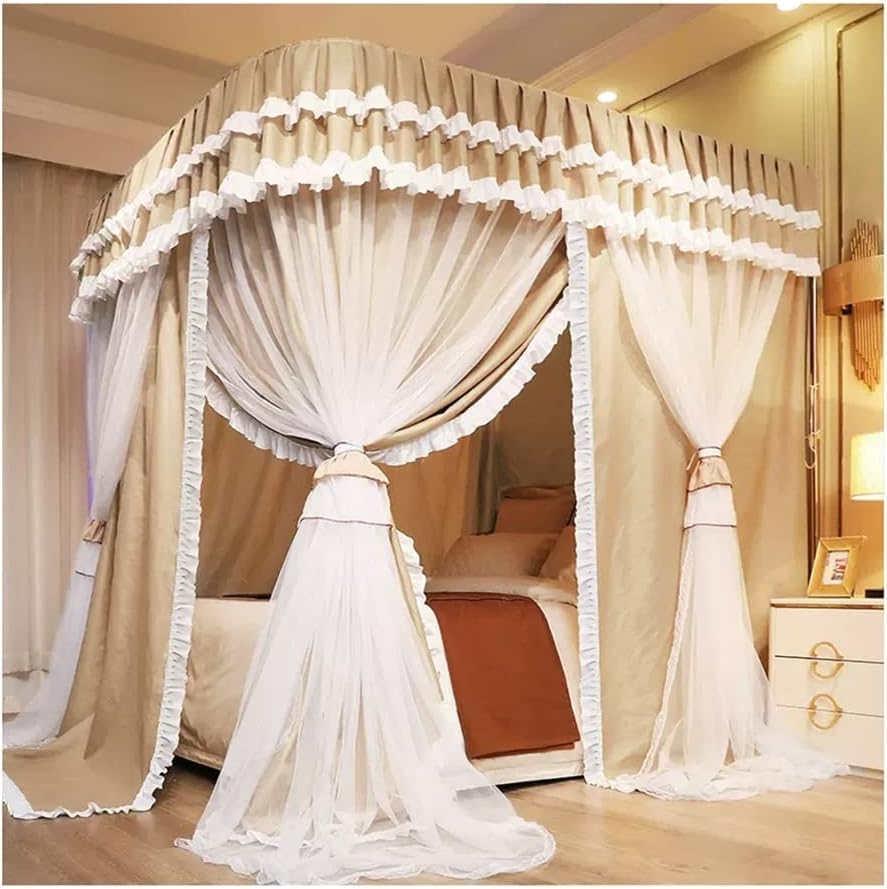 Double Bed Canopy Mosquito Net, Decorative Bed Curtain for Girls' Princess Room Bedroom with Metal Support (Khaki 150X200X210CM)