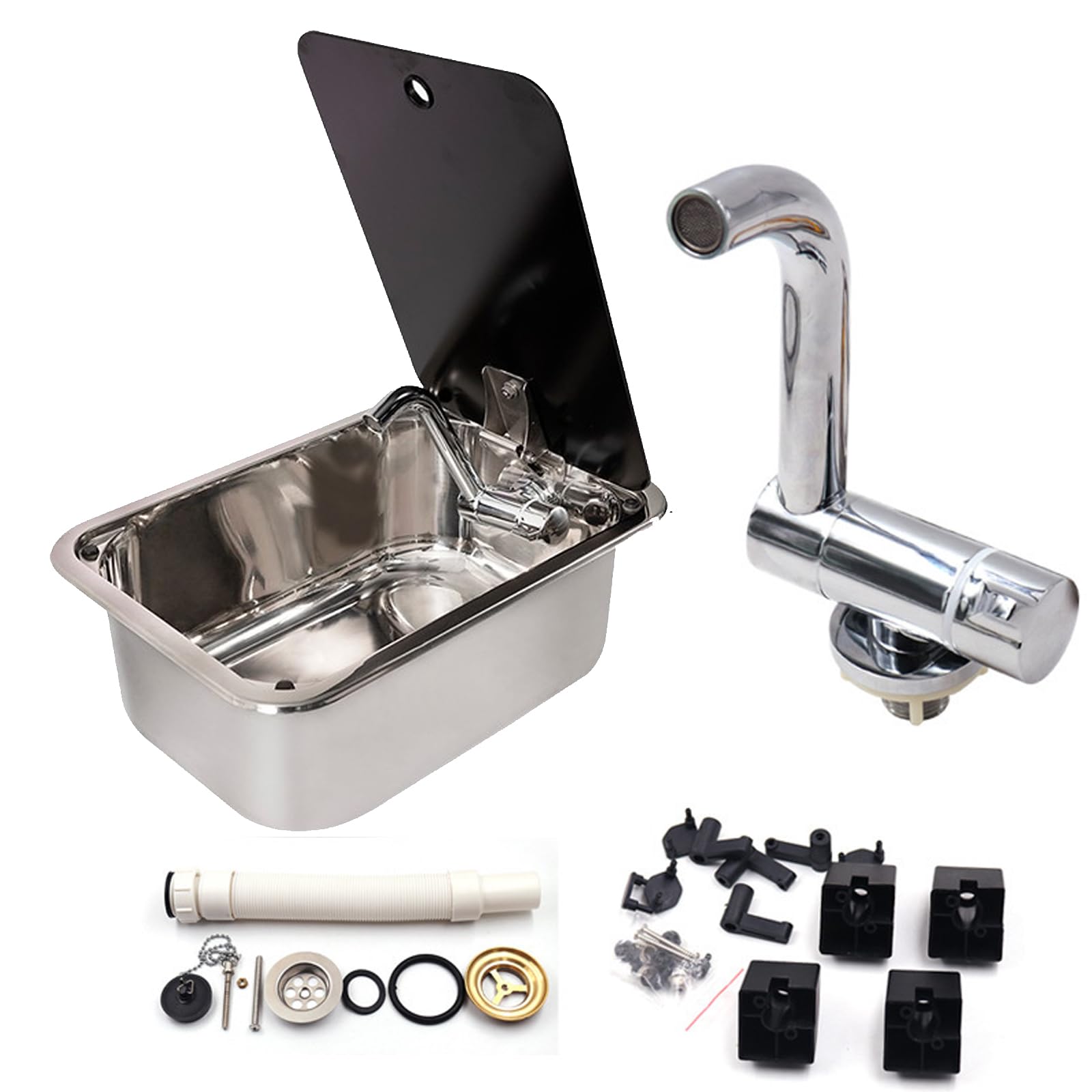 Lavabo de Cocina RV,Cero Inoxidable Redondo Fregadero Camper,Fregadero Pequeño Camper Furgoneta Accesorios con Tapa,Grifo Plegable para Caravanas,Barcos y Cocinas Pequeñas(Size:38x27x14.5cm,Color:C)