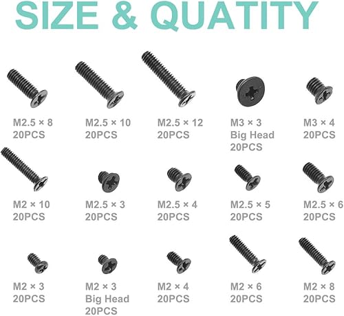 QTEATAK Kit de tornillos de repuesto para computadora portátil 300 unidades color negro para Lenovo Toshiba Gateway Samsung HP IBM Dell Sony Acer