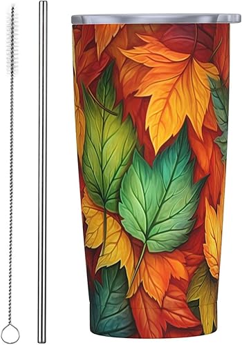 cfpolar Vasos de acero inoxidable de 20 onzas con hojas de arce coloridas, taza de café aislada de acero inoxidable con tapa y pajita, botella de