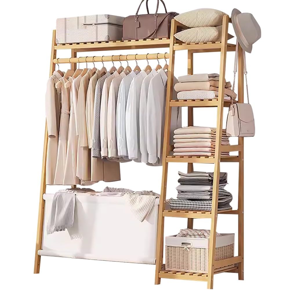 Porte-manteau autoportant en bois 80/110/130 cm avec étagère chaussures