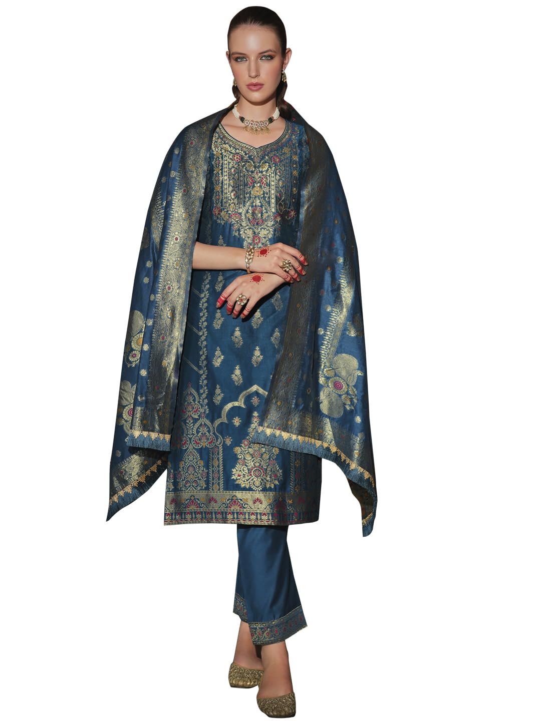 VredeVogel Women's Silk Jacquard Embroidered Kurta Pant Set with Digital Print Dupatta