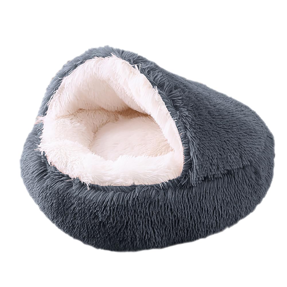 ZHULONGRUSHUI Cat Bed Round Fluffy, Soft Plush Burrowing Cave Hooded Cats Beds Donut, Self Warming Puppy Cushion Pets Hideaways, Waterproof Bottom, Machine Washable (L-65cm,Dark Grey)