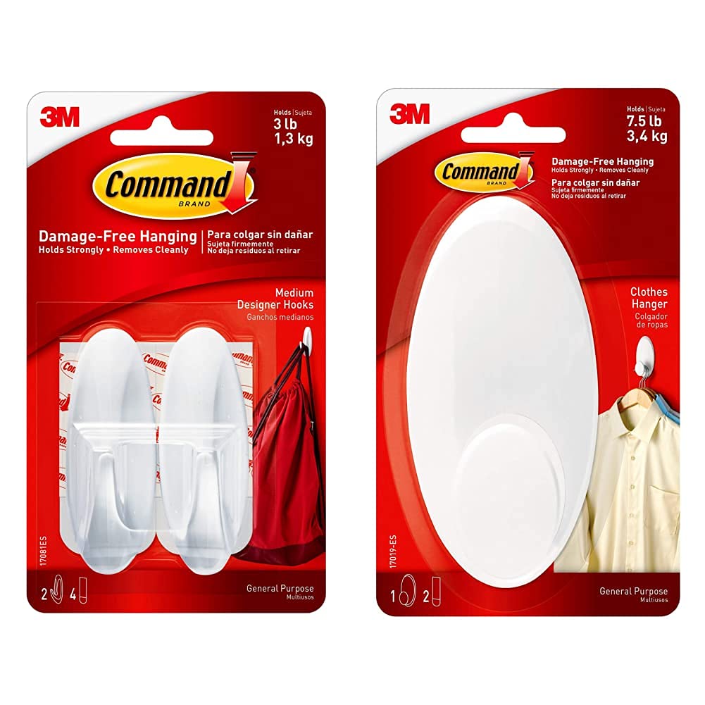 Command 17081 Damage Free Medium Hooks 2 Pack, White & Command 17019-ES Clothes Hanger (1 Hook, 2 Strips/Pack), White, L