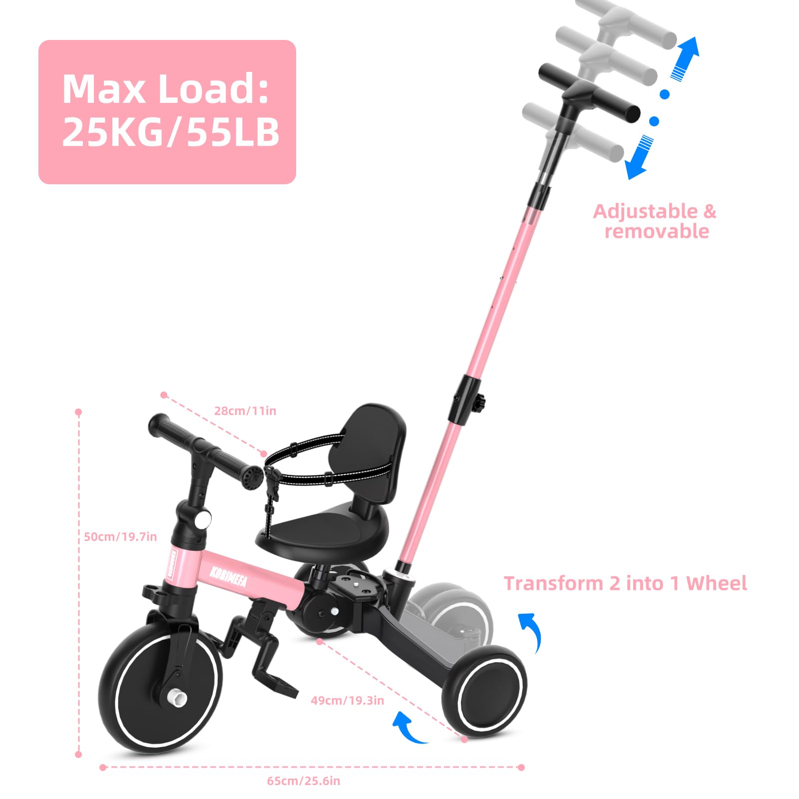 KORIMEFA Bicicletta per bambini, Triciclo a 3 ruote per bambini da 1-3 anni,maniglia di spinta, pedale rimovibile,schienale,maniglia di guida per i genitori,Natale per il primo compleanno (Rosa)