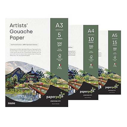 Artists' Gouache Paint Paper 300GSM Cold Pressed A3 (Pack of 5) + A4 (Pack of 10) + A5 (Pack of 15) for Gouache, Watercolour, Ink, Acrylic, Wet & Mixed Media,Drawing for Artists' & Amateurs
