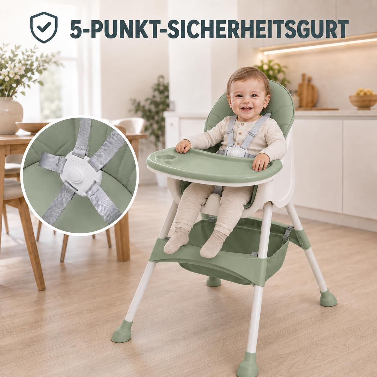 Baby Vivo Fotelik do karmienia niemowląt 2 w 1, regulowana wysokość, wyjmowana taca z 5-punktową uprzężą, wiszący kosz - Oscar w kolorze zielonym