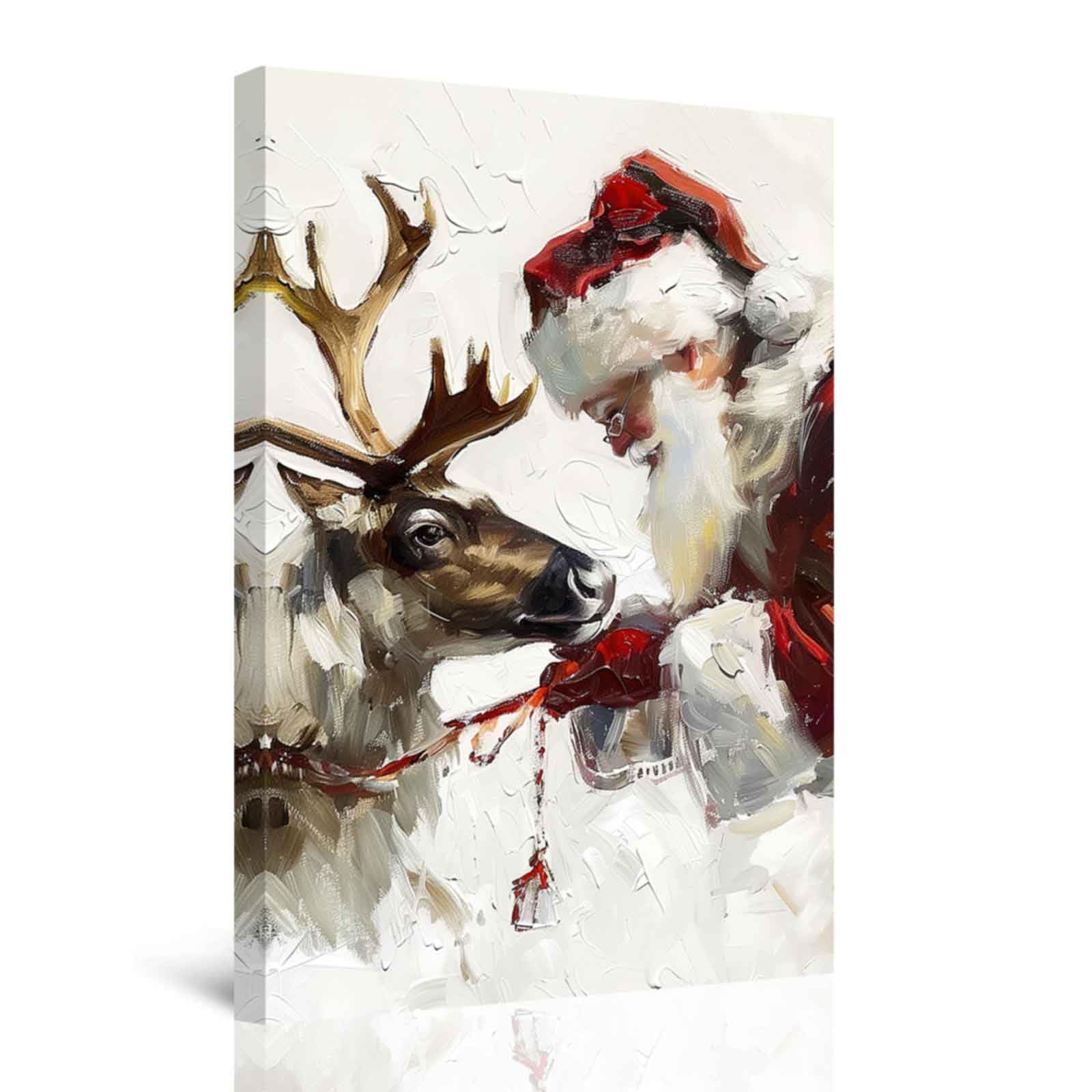 CXHOSTENT Christmas Canvas Wall Art Santa with Reindeer Poster Prints Vintage Santa Claus Painting Christmas Theme Paintings Rustic Winter Xmas Decor Framed (White, 40.00 x 60.00 cms)