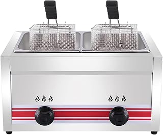 Gas Fryer,Commercial Deep Fryer, Commercial Stainless Steel Deep Fryer with Basket and Lid for Cooking Homemade Food and French Fries for Restaurant Countertop(Doublecylinder10l+10l)