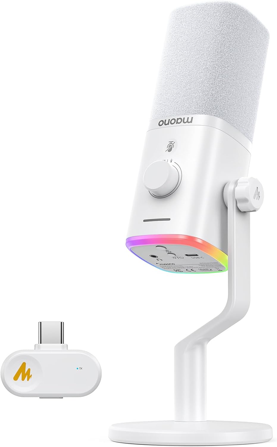 MAONO PD100W USB Wireless Dynamic Microphone for PC, Gaming Streaming Podcast Mic with Noise Reduction,Custom RGB, Mute，Volume Control, Desktop Computer Mic for Content Creator Recording, White