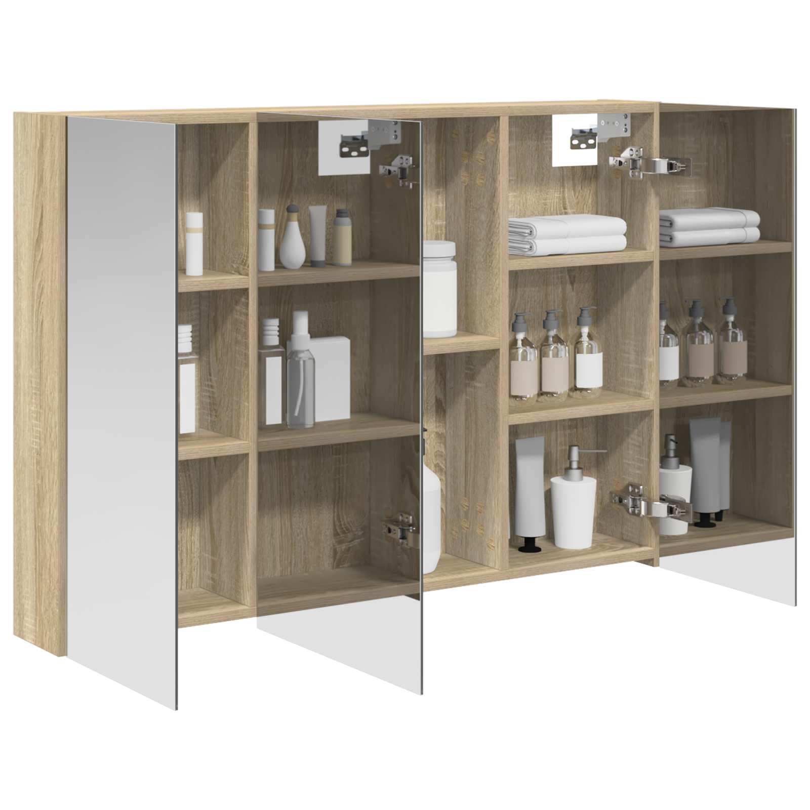 Armadietto da bagno a specchio in rovere Sonoma, 100 x 14,5 x 70 cm, con vano portaoggetti, specchio su entrambi i lati, montaggio a parete, con 2 ripiani, per bagno e bagno degli ospiti