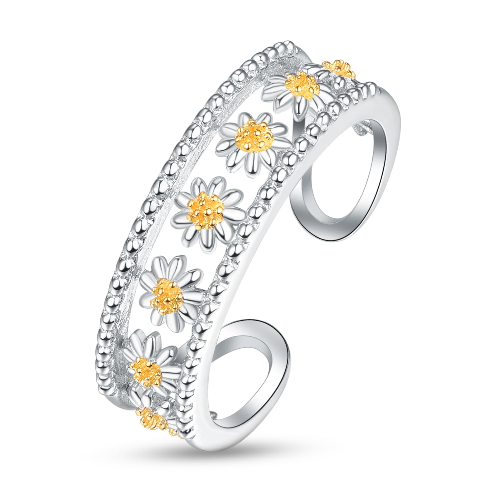 KINGWHYTE Daisy Rings for Women 925 Sterling Silver Adjustable Flower Open Ring Birthday Christmas Jewellery Gifts for Girls