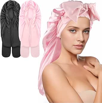 Abeillo Large Satin Bonnet For Women, Extra Long Silk Sleep Cap With Tie Band And Scrunchies, For Long Curly Hair, Locs, Braids (Black, Pink - View #4