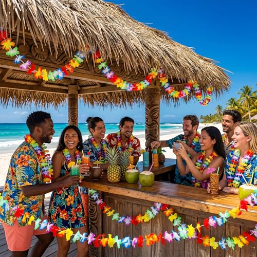 Image of JOVITEC 2 Pack Lei Hawaiian Flowers Garland 20 Feet Each Tropical Multicolor Tropical Flower Lei Garland Flower Leaves Banner for Home Hawaiian Luau Decorations